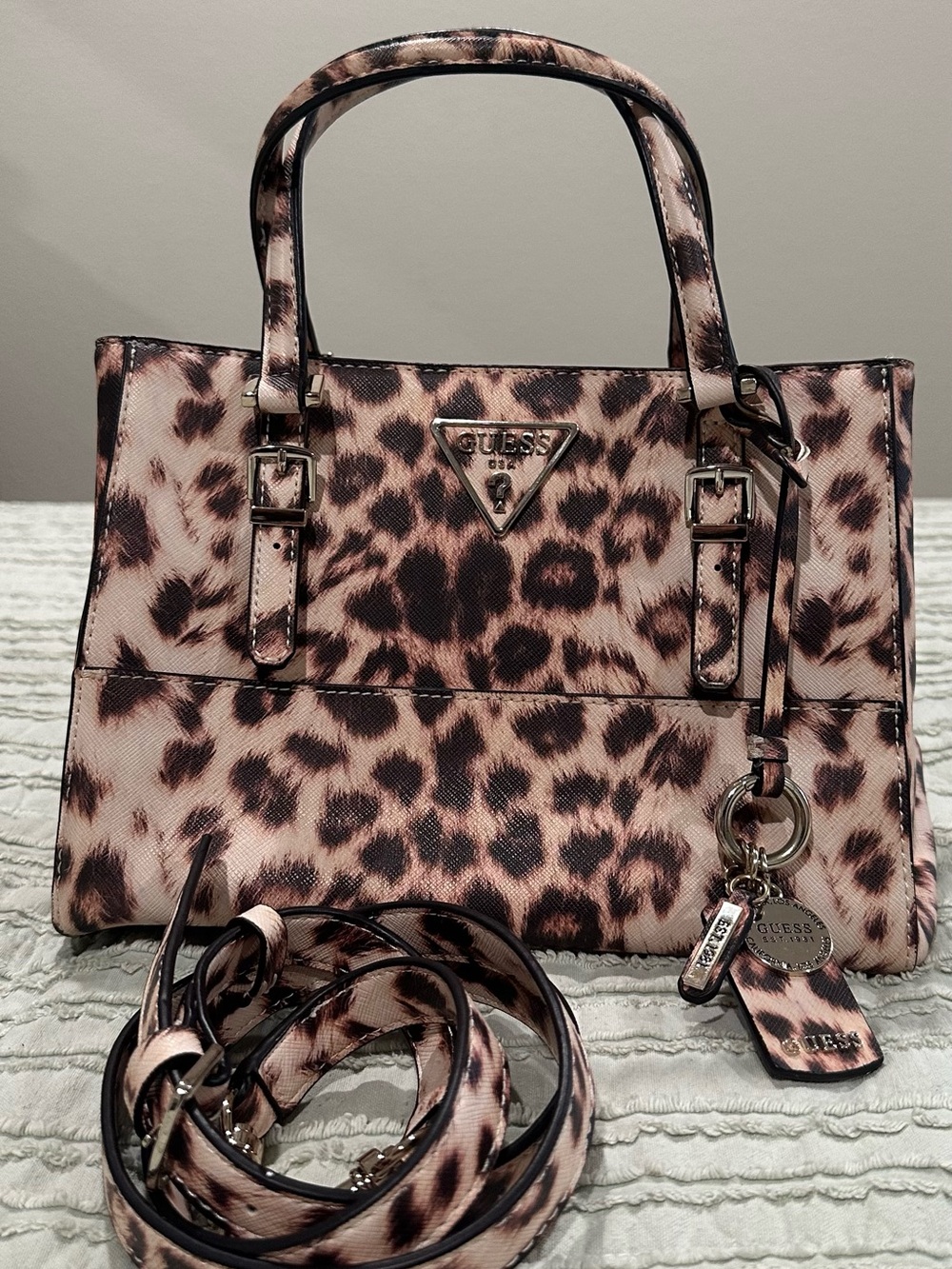 GUESS Pink and Brown Leopard Print Satchel